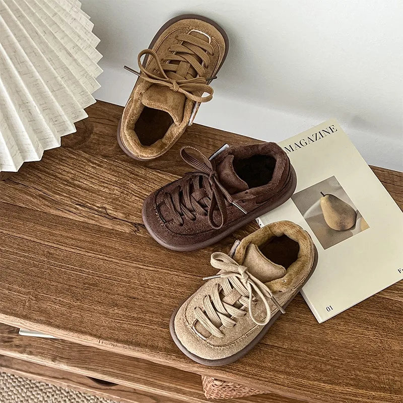 Boys Girls Winter Warm Shoes for Kids Sports Sneakers Plush-Lined Soft Sole Anti Slip Retro Frosted Suede Leather Casual Shoes