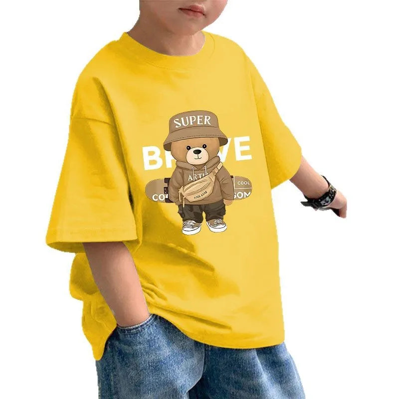 Boys' Short-sleeved T-shirt, Thin Bear Print Top, New Summer Sports and Casual Style for Middle-aged Children Kids Clothes