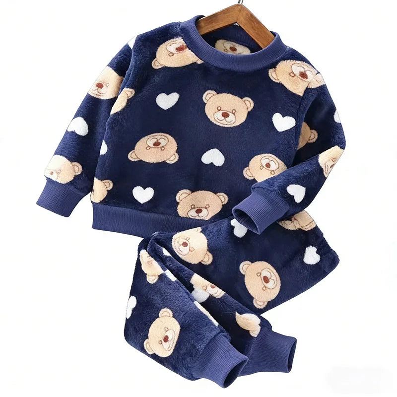 2026 New Winter Baby Boys Homewear Sets Autumn Fashion Flannel Fleece Clothes Kids Cartoon Bear Sleepwear Children Pajamas 3-8Y