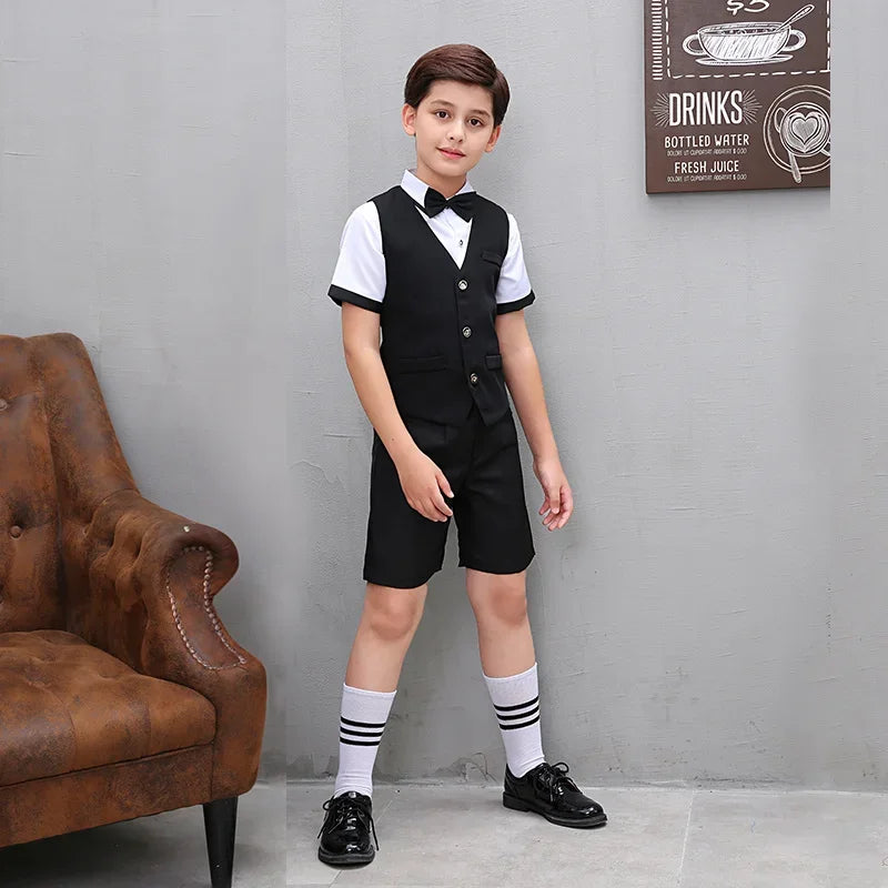 Boys' Small Suit, Vest Set, Big Children's Strap Pants, Performance Dress, Wedding Piano Performance