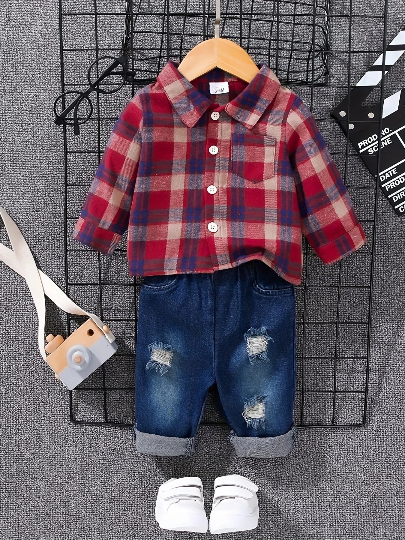 Boys' Spring Autumn Tartan Polo Shirt +-denim Long Trousers Two-piece Casual Outfit Boys Tweed Check Shirt