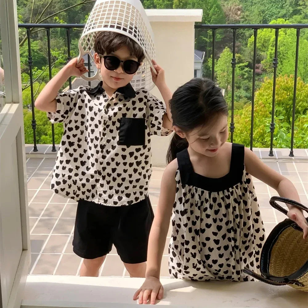 Boys Girls Matching Brother And Sister Clothes 2024 New Korean Children's Clothing Set Baby Girls Dress Kids Boys Two Piece Suit