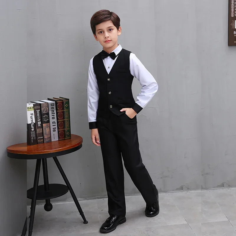 Boys' Small Suit, Vest Set, Big Children's Strap Pants, Performance Dress, Wedding Piano Performance