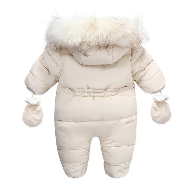 Winter Baby Jumpsuit With Glove Cute Newborn Coat Cotton Plus Velvet Baby Romper Warm Infant Clothing Set Hooded Toddler Clothes