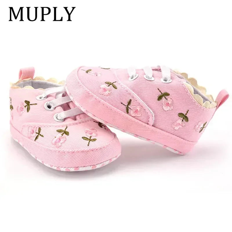 Baby Girls Shoes White Pink Floral Embroidered Soft Soles Shoes Prewalker Walking Toddler Casual Kids Shoes For Dropshipping