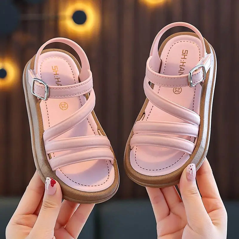 Girls Shoes New Summer Children Roman Sandals Soft Sole Comfortable Flat Sandals Non-slip Casual Solid Color Kids Beach Shoes