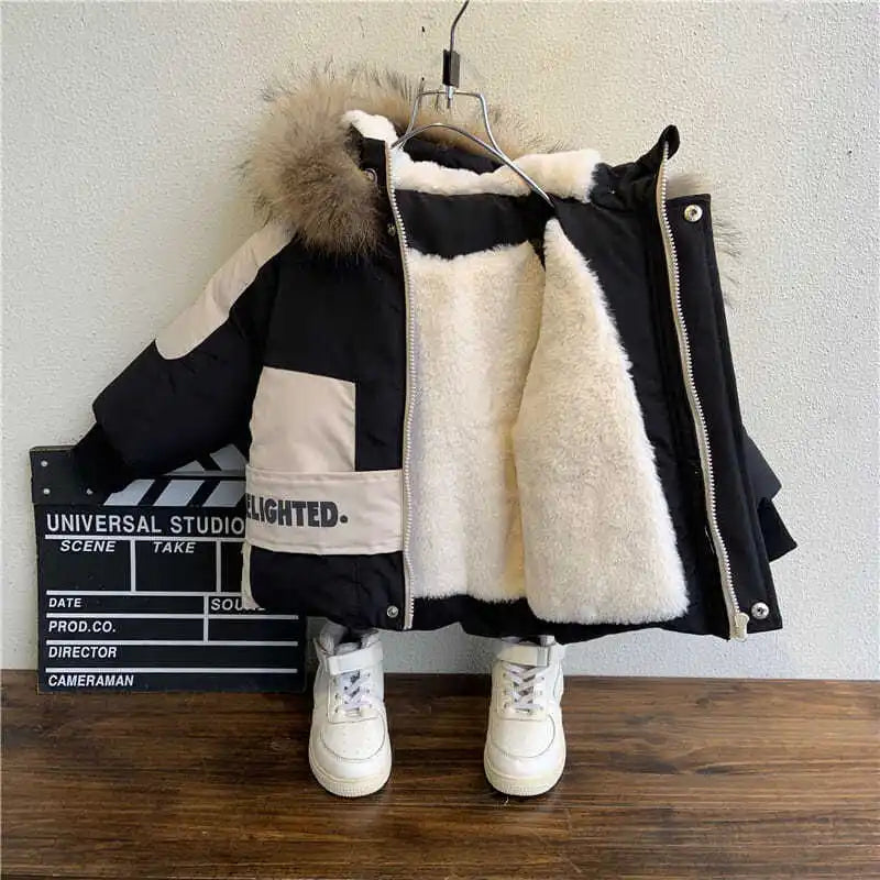 Winter Boys Coat 2026 New Baby Fur Collar Hooded Cotton Plus Velvet Thicken Warm Jacket For Children's Coat For Boys 2-8Years