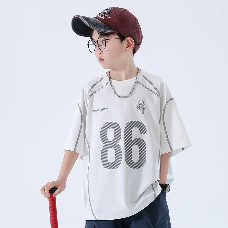 Children's Boys T-Shirts with Number Print Round Neck Short Sleeve Shirts for New Summer Casual Wear White Loose Cotton Clothes