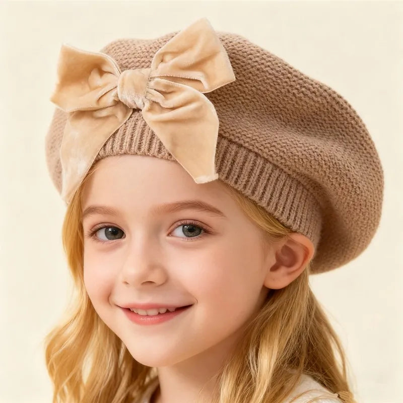 New Winter Baby Girls Warm Bowknot Knitted Hats Children Beret Beanie Hat Solid Hat Soft Chirstmas Kids Bonnet For 3-12Years