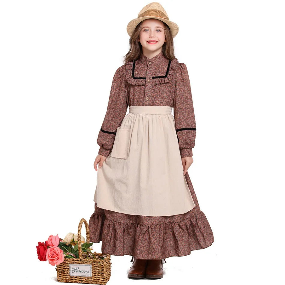 Girls Historical American Colonial Costume Tween Teens Brown Floral Victorian Medieval Dress Maid Long Dress With Apron PS66