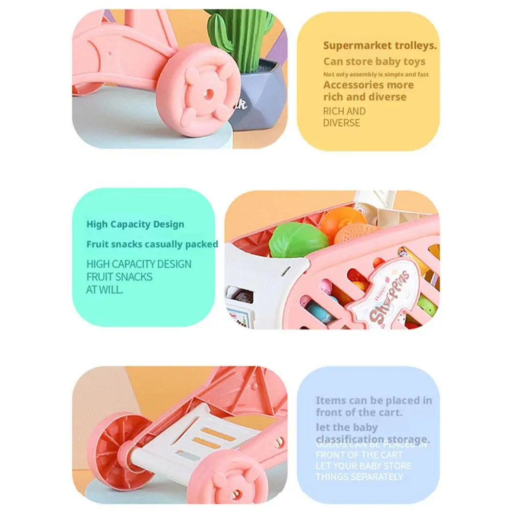 Shopping Cart Toys, Trolley for Groceries Supermarket Playset Fruit Vegetables Play Food Role Kitchen Store Toys for Kids