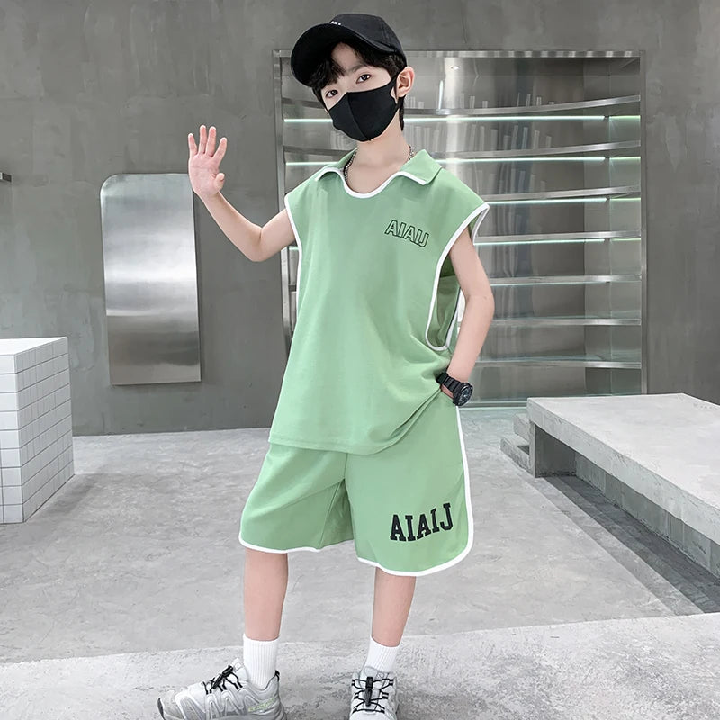 Boys Clothing Set American Style Children Vintage Vest Casual Sport Loose Pullover Sleeveless T-shirt Top Shorts Two-piece Set