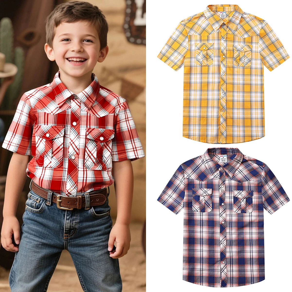 Boys Western Shirts Cowboy Outfit for Kid Toddler Halloween Carnival Fancy Dress Set Farm Theme Birthday Paty Gift Plaid Clothes