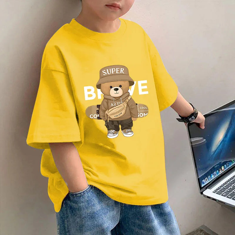 Boys' Short-sleeved T-shirt, Thin Bear Print Top, New Summer Sports and Casual Style for Middle-aged Children Kids Clothes