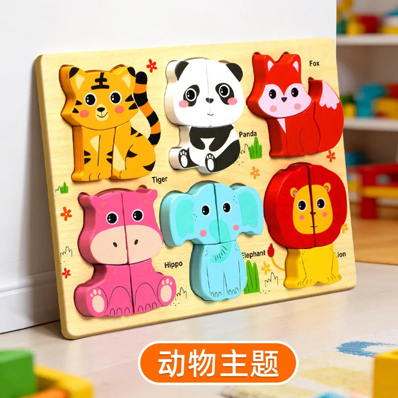 Montessori Wooden Toys 3D Wood Puzzles Cartoon Animal Car Fruit Cognitive Jigsaw Puzzle Early Learning Educational Toys for Kids