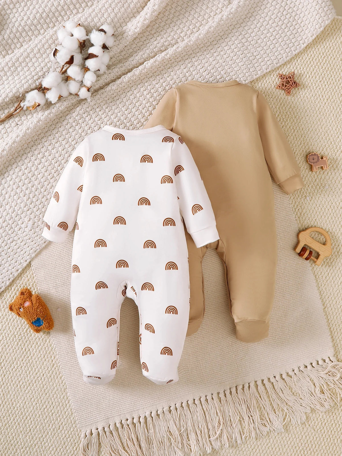 Winter  0-1 Years Old Infant  Baby  Girls  Rainbow  Printed  Long  Sleeved  Jumpsuit  2Casual-Piece Set