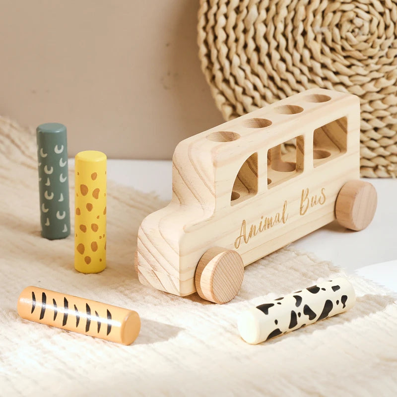 Baby Wooden Bouncing Toys Car Animal Bus Shaped Newborn Education Sensory Puzzle Hand Eye Coordination Training Toys Baby Gifts