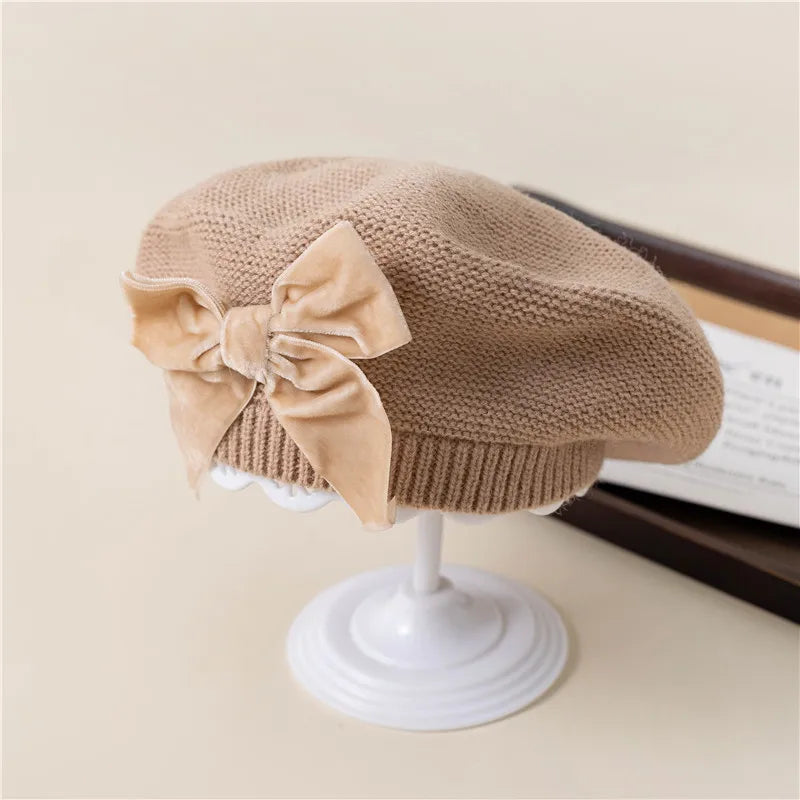New Winter Baby Girls Warm Bowknot Knitted Hats Children Beret Beanie Hat Solid Hat Soft Chirstmas Kids Bonnet For 3-12Years