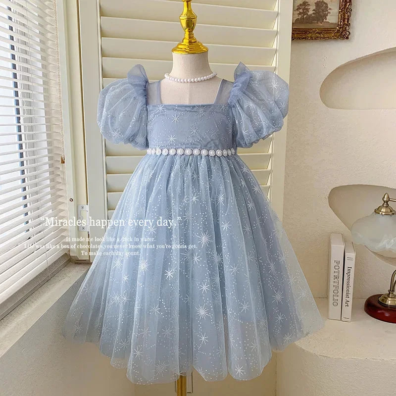 Girls Casual Dresses Summer Dress for Girls Children's Ethereal Puff-Sleeve Tulle Princess Dress Kids Clothes