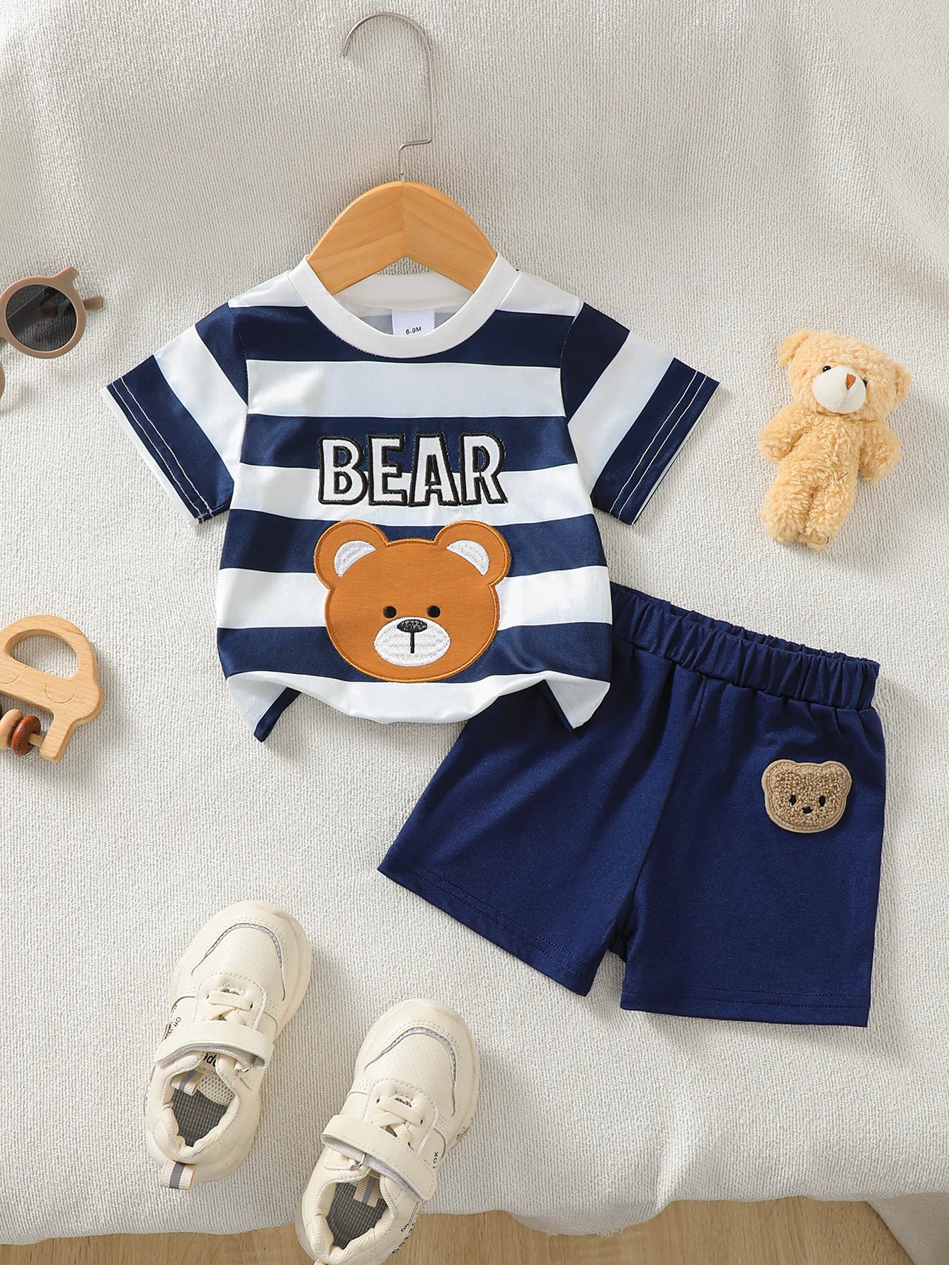 Boys Summer Outfit Striped Bear Pattern Short Sleeve T-shirt And Shorts Set Casual Daily Wear Fashion Children's Set