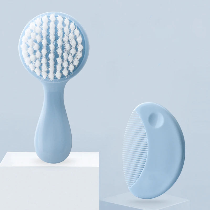 Cute 2 in 1 Eco-friendly Infant Care Baby Comb Brush Set Soft Bristles Hair Brush Round Shape