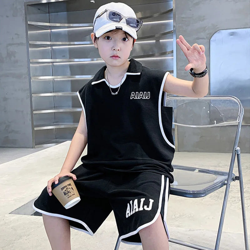Boys Clothing Set American Style Children Vintage Vest Casual Sport Loose Pullover Sleeveless T-shirt Top Shorts Two-piece Set