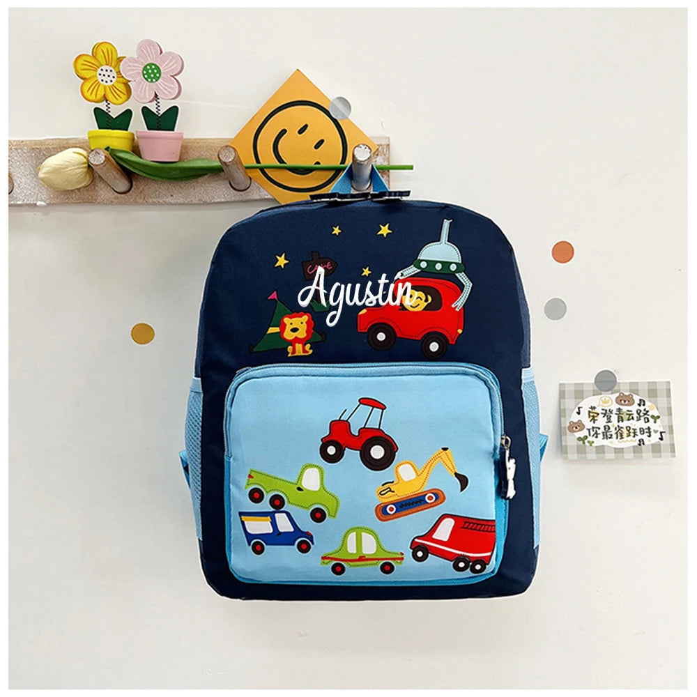 Cartoon Cars Kindergarten Backpacks Personalized Embroidered Name Children's Schoolbags Custom Name Baby Outgoing Snack Bags