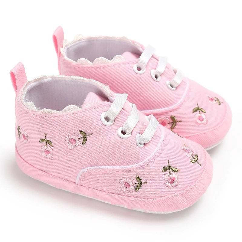 Baby Shoes Infant Pre-Walker Shoes, Floral Embroidery/ Bow Princess Sneakers, Soft Sole Casual Footwear for Baby Girls0-18M