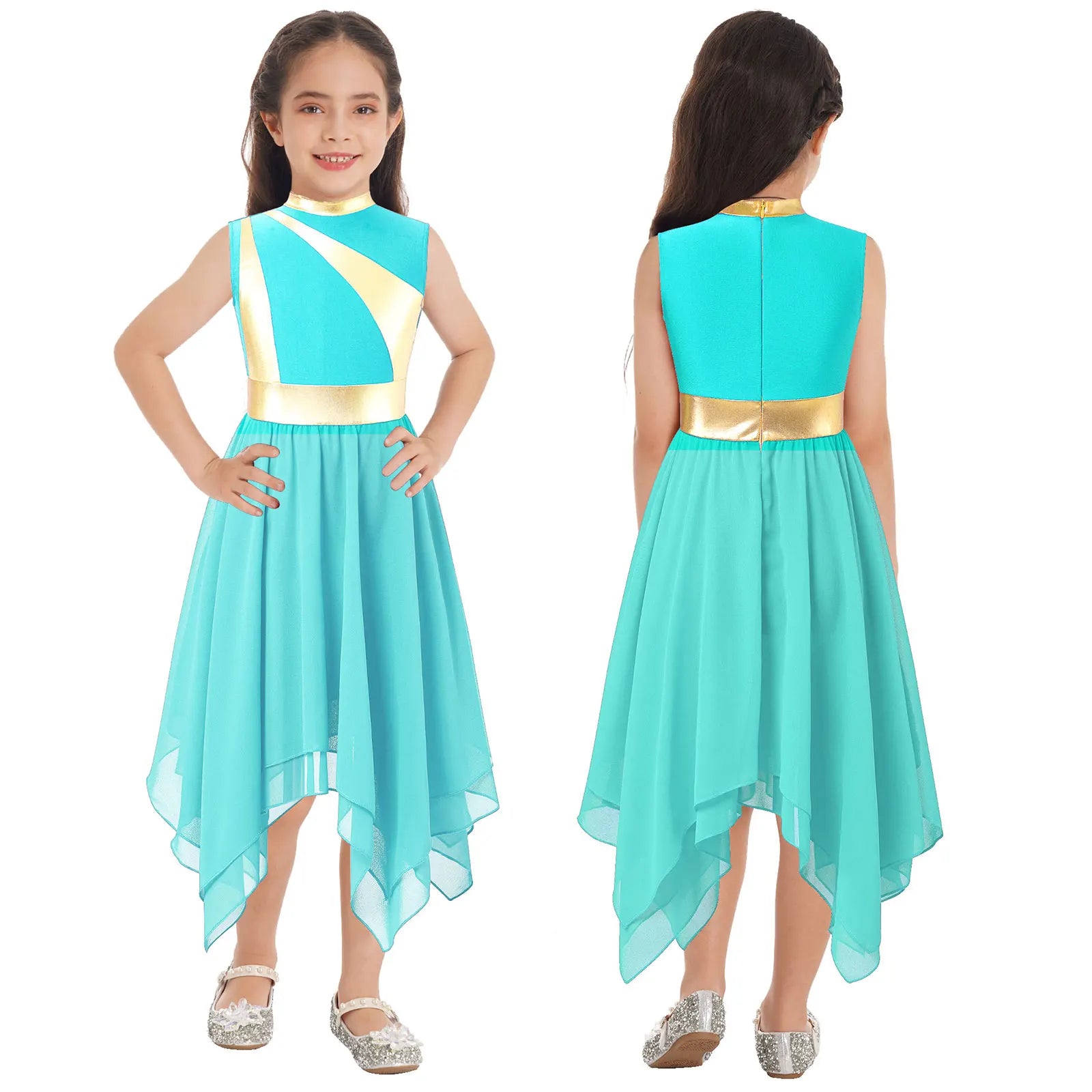 Kids Girls Modern Lyrical Ballroom Dance Dress Church Choir Praise Costume Sleeveless Asymmetrical Hem Contrast Color Gown