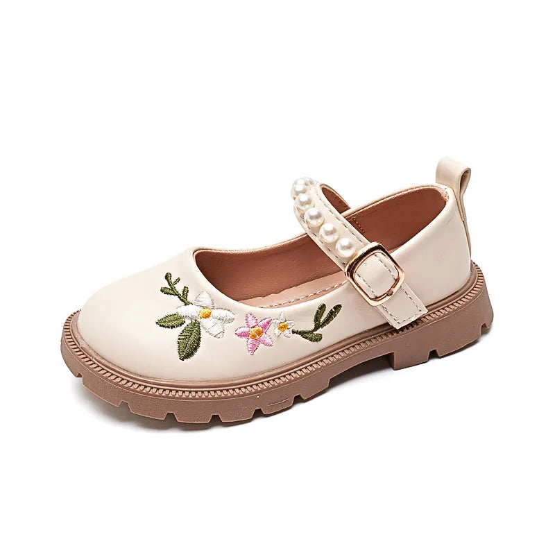 Girls Embroidery Princess Shoes 2024 Spring and Autumn Soft Bottom Children's Baby Leather Shoes Little Girl Shallow Mouth Shoes
