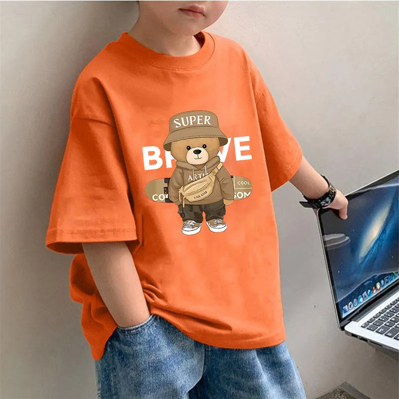 Boys' Short-sleeved T-shirt, Thin Bear Print Top, New Summer Sports and Casual Style for Middle-aged Children Kids Clothes