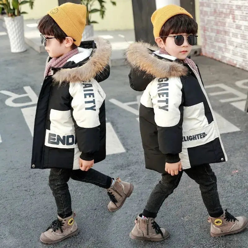 Winter Boys Coat 2026 New Baby Fur Collar Hooded Cotton Plus Velvet Thicken Warm Jacket For Children's Coat For Boys 2-8Years