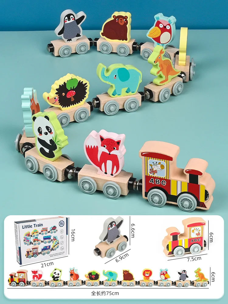 Montessori Magnetic Wooden Train Toys Early Educational Cognition Color Toy Learning Cars Animal Fruits Puzzle Train Set For kid