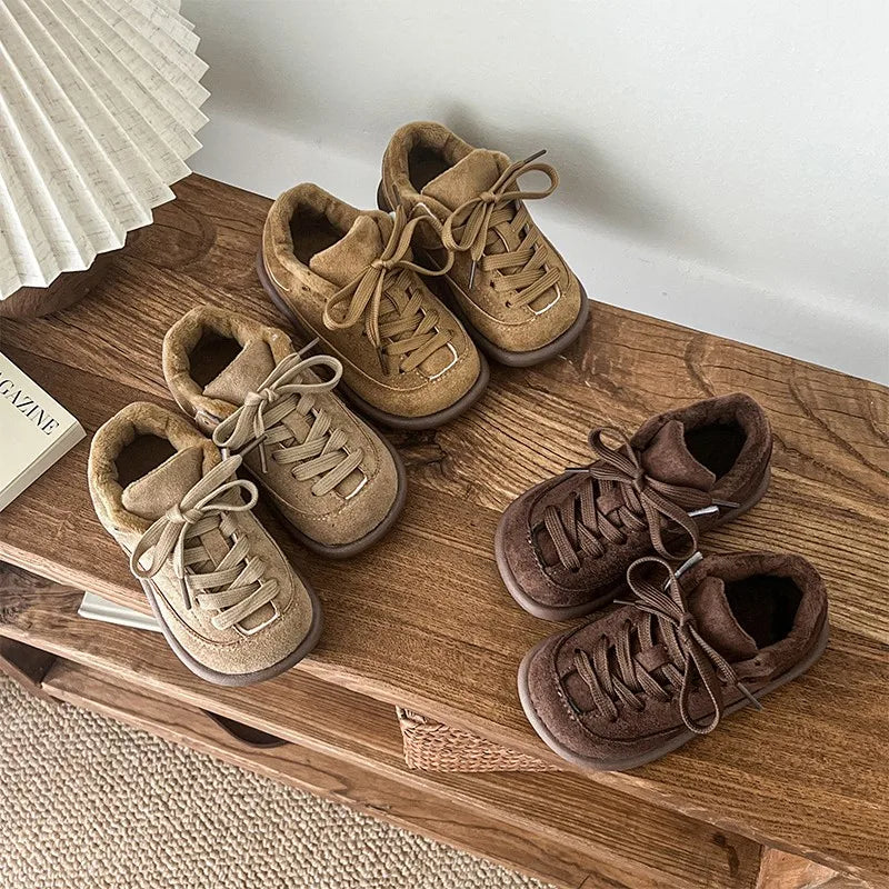 Boys Girls Winter Warm Shoes for Kids Sports Sneakers Plush-Lined Soft Sole Anti Slip Retro Frosted Suede Leather Casual Shoes