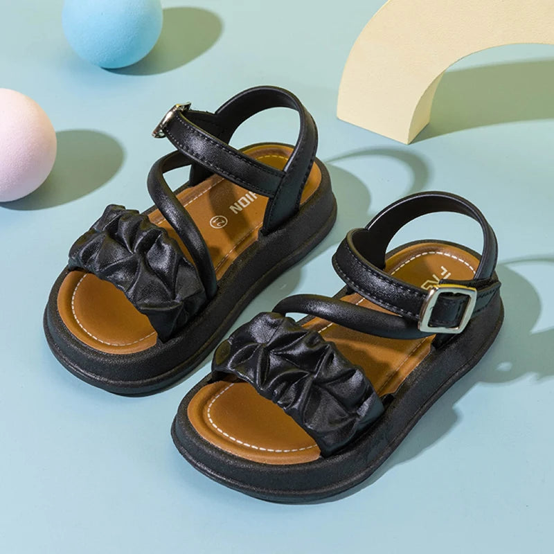 Girls Cute Ruched Pleated Sandals, Comfortable Non-Slip Thick Sole, Breathable Summer Kids Shoes for Daily Wear