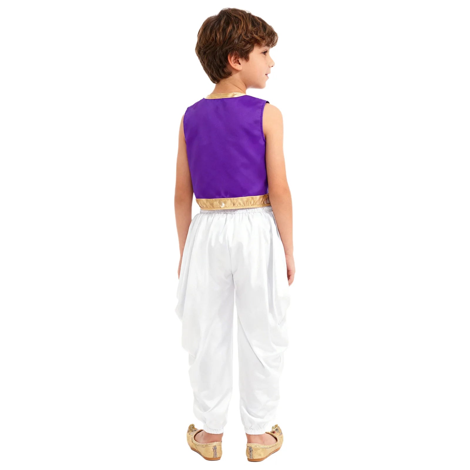 Boys Mythical Arabian Prince Dress Up Loose Vest with Satin Dhoti Pants Baggy Trousers Halloween Carnival Character Cosplay Suit
