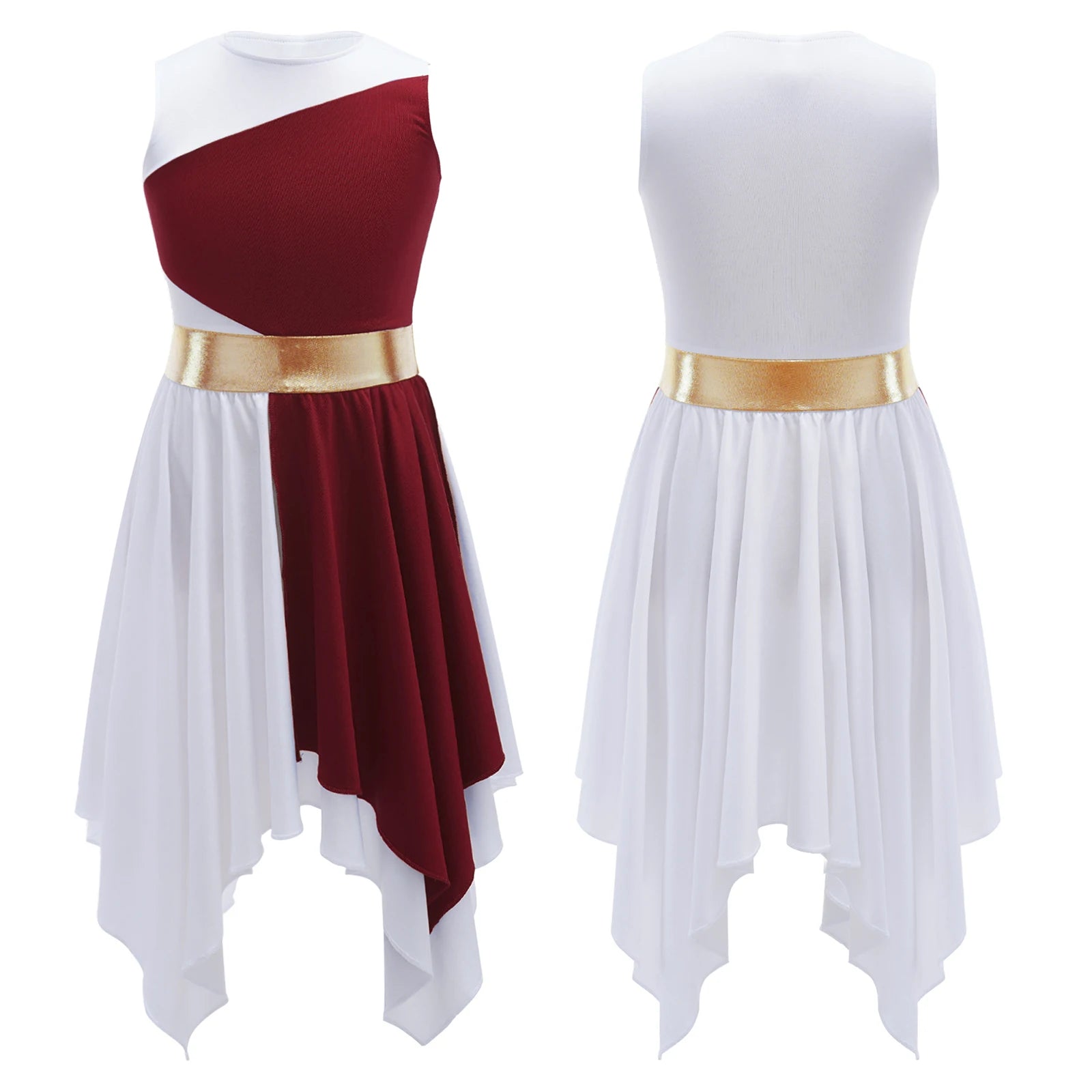 Kids Girls Modern Lyrical Ballroom Dance Dress Church Choir Praise Costume Sleeveless Asymmetrical Hem Contrast Color Gown