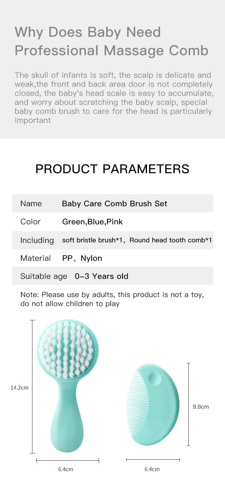 Cute 2 in 1 Eco-friendly Infant Care Baby Comb Brush Set Soft Bristles Hair Brush Round Shape