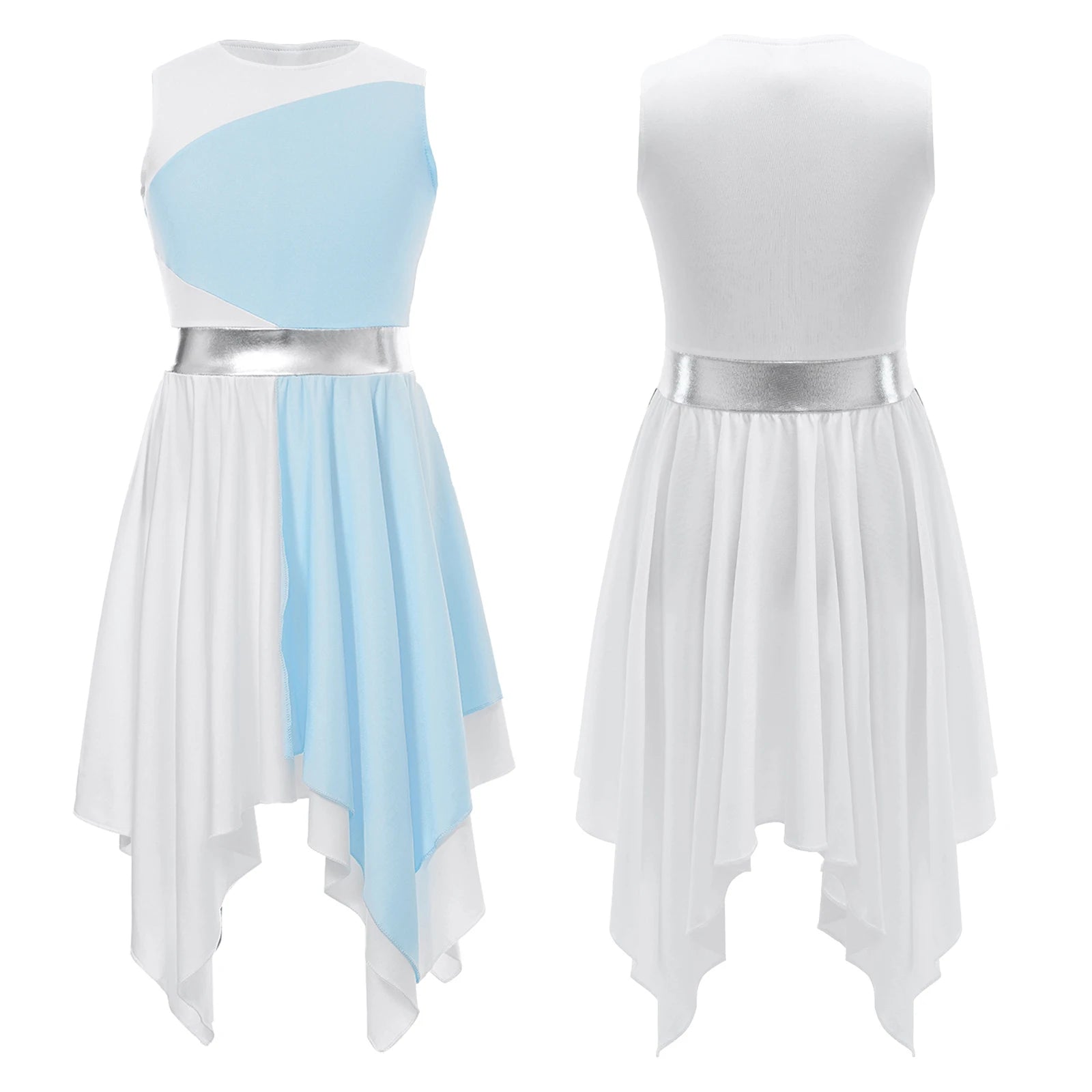 Kids Girls Modern Lyrical Ballroom Dance Dress Church Choir Praise Costume Sleeveless Asymmetrical Hem Contrast Color Gown
