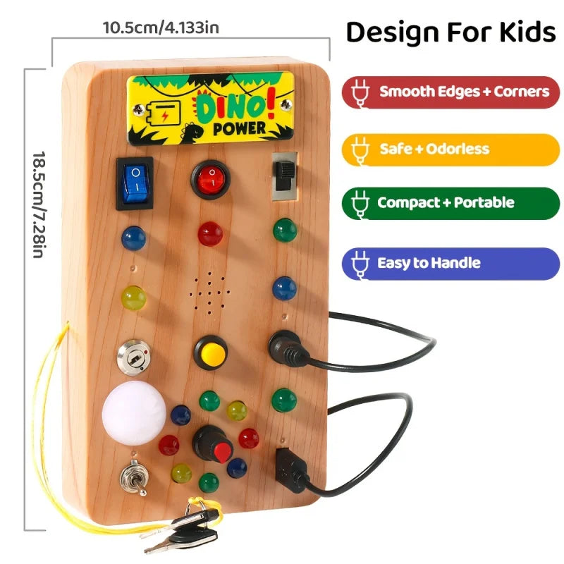 Montessori LED Light Busy Board Simulator with Switch and Dinosaur Sound Effects: A smart educational toy suitable for toddlers.
