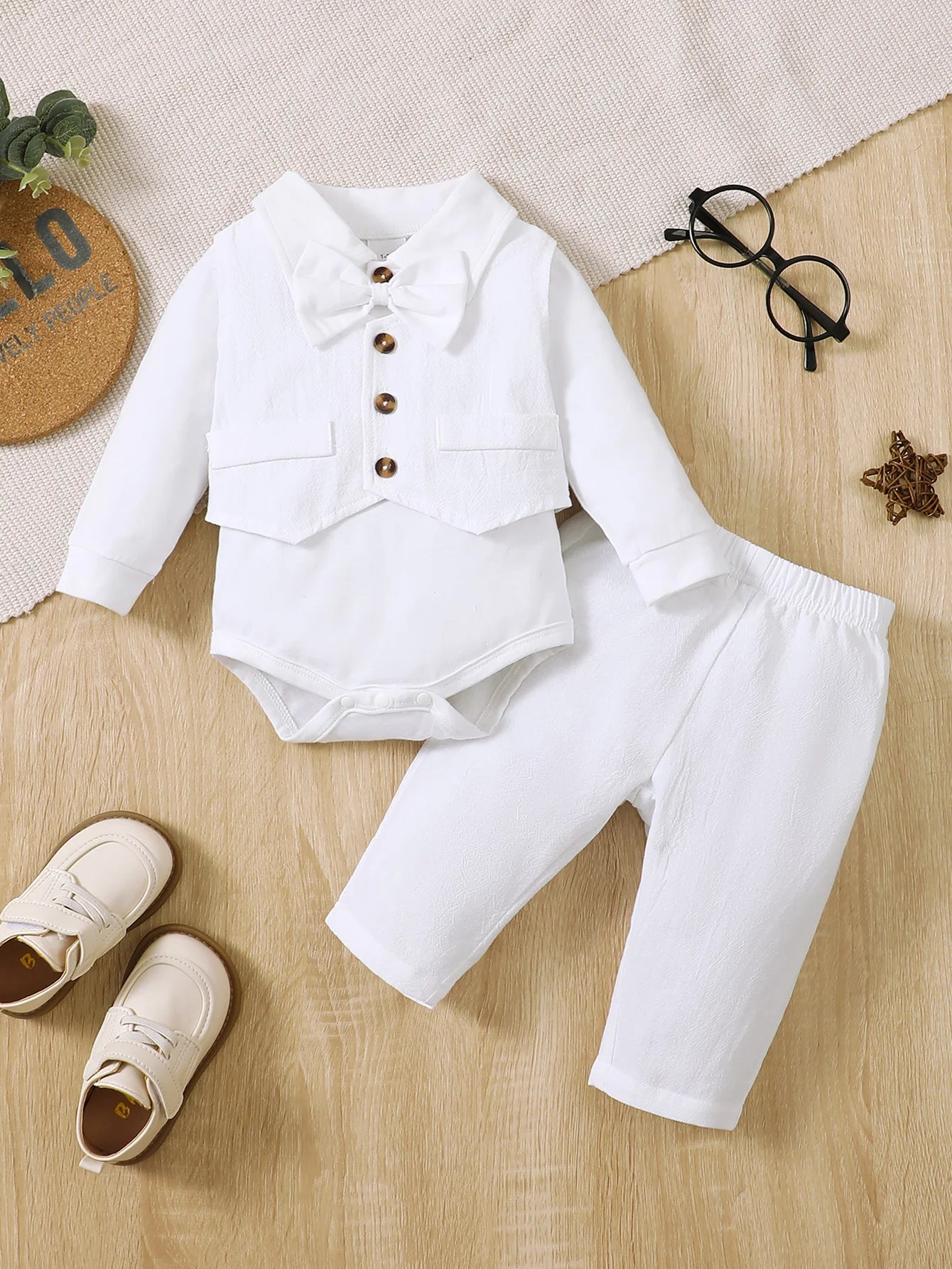 Baby Boy Christening Outfit Set - Long Sleeve Collared Romper Gown Vest+Pants+Mini Bow Tie Gentleman Formal Dress Suit Set