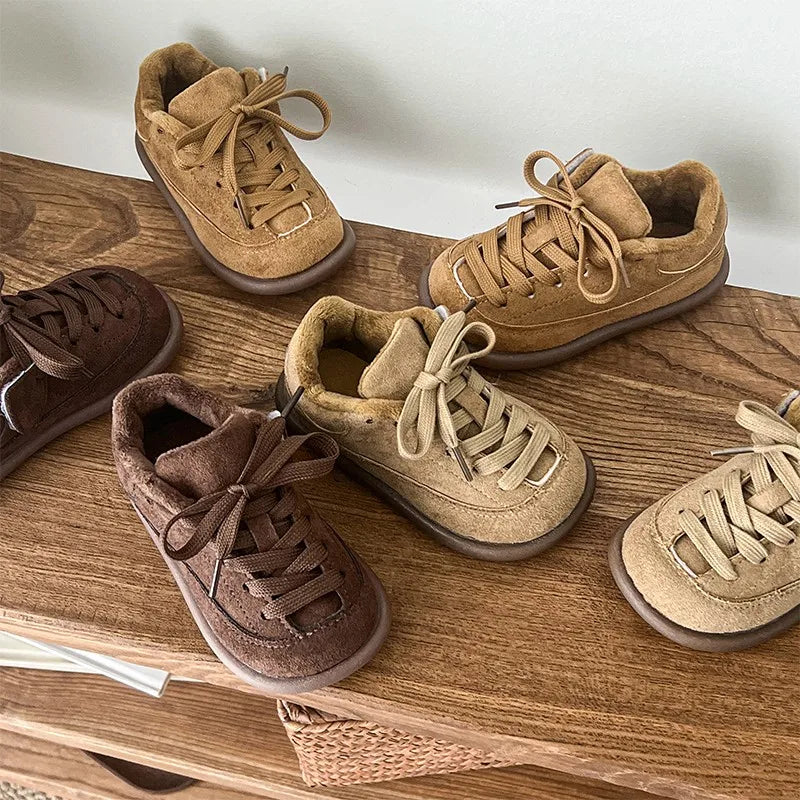 Boys Girls Winter Warm Shoes for Kids Sports Sneakers Plush-Lined Soft Sole Anti Slip Retro Frosted Suede Leather Casual Shoes