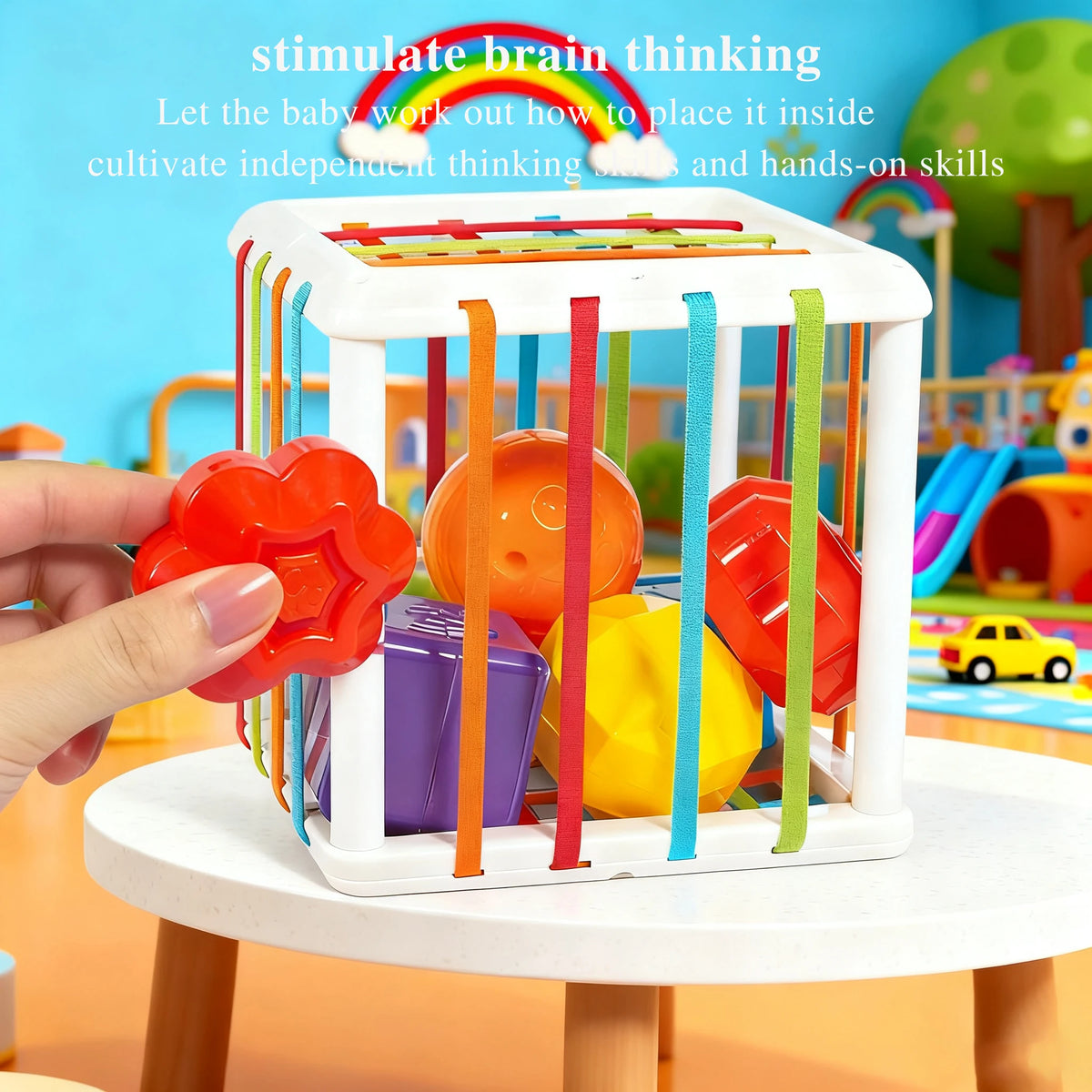 Montessori Baby Grasping Ball, Rainbow Sensory Toy with Rattle & Teether, Early Educational Shape Sorter for Fine Motor Skills