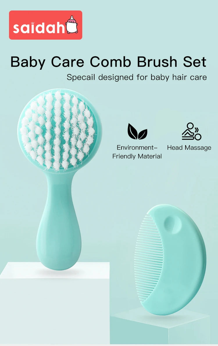 Cute 2 in 1 Eco-friendly Infant Care Baby Comb Brush Set Soft Bristles Hair Brush Round Shape