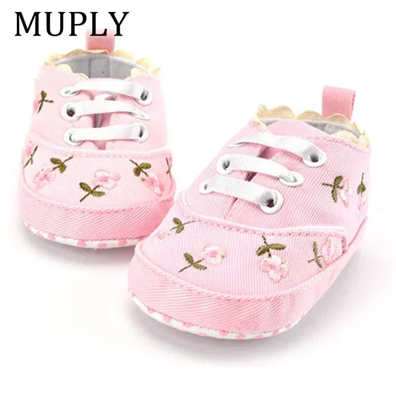 Baby Girls Shoes White Pink Floral Embroidered Soft Soles Shoes Prewalker Walking Toddler Casual Kids Shoes For Dropshipping