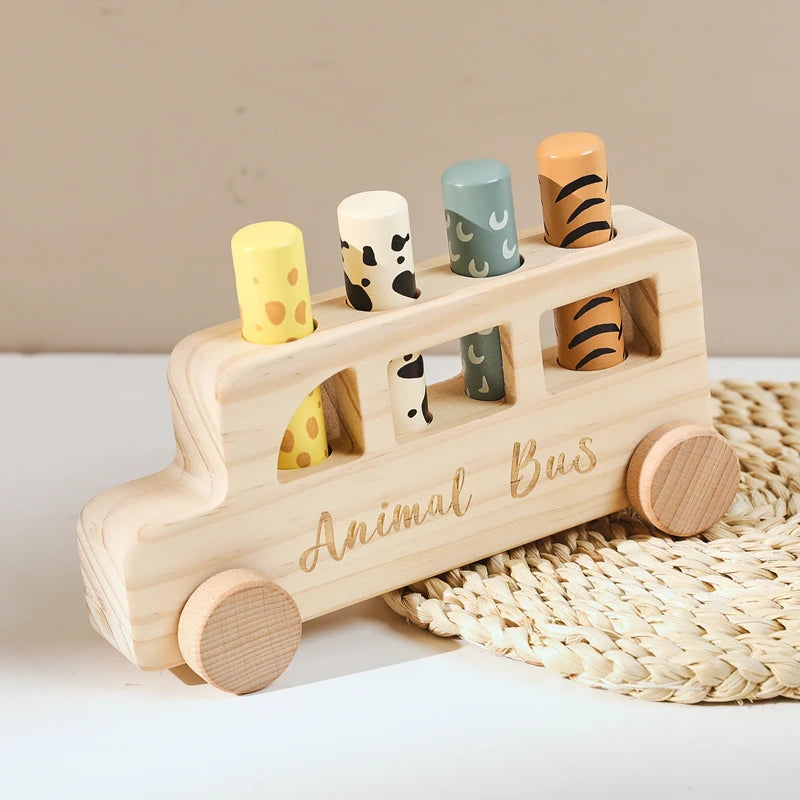 Baby Wooden Bouncing Toys Car Animal Bus Shaped Newborn Education Sensory Puzzle Hand Eye Coordination Training Toys Baby Gifts