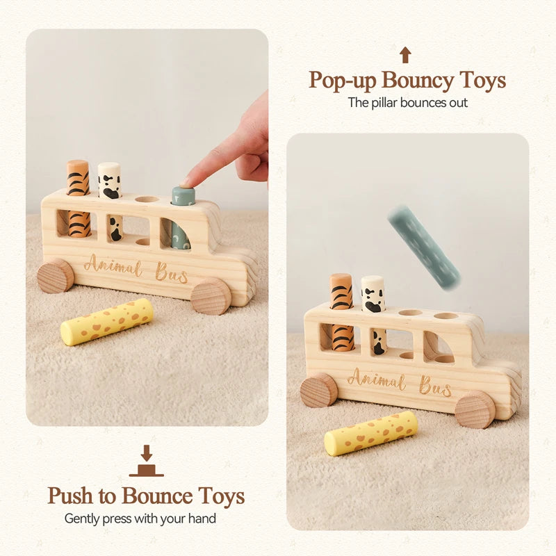 Baby Wooden Bouncing Toys Car Animal Bus Shaped Newborn Education Sensory Puzzle Hand Eye Coordination Training Toys Baby Gifts
