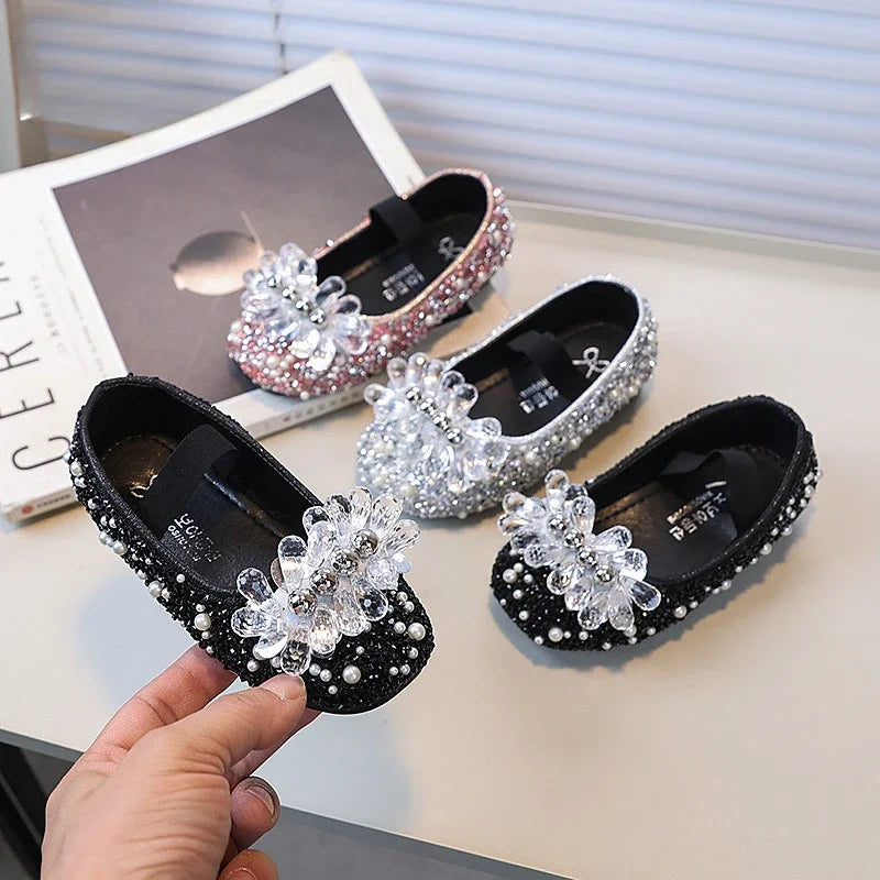 Children's Shoe for Girl Fashion Rhinestone Kids Leather Shoes Sequins Princess Ballet Slip-on Versatile Toddler Casual Shoes