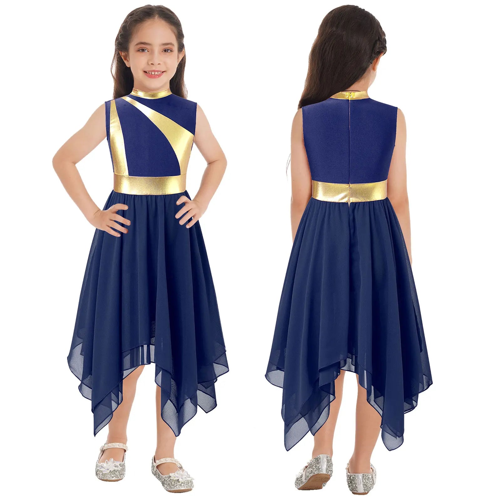 Kids Girls Modern Lyrical Ballroom Dance Dress Church Choir Praise Costume Sleeveless Asymmetrical Hem Contrast Color Gown