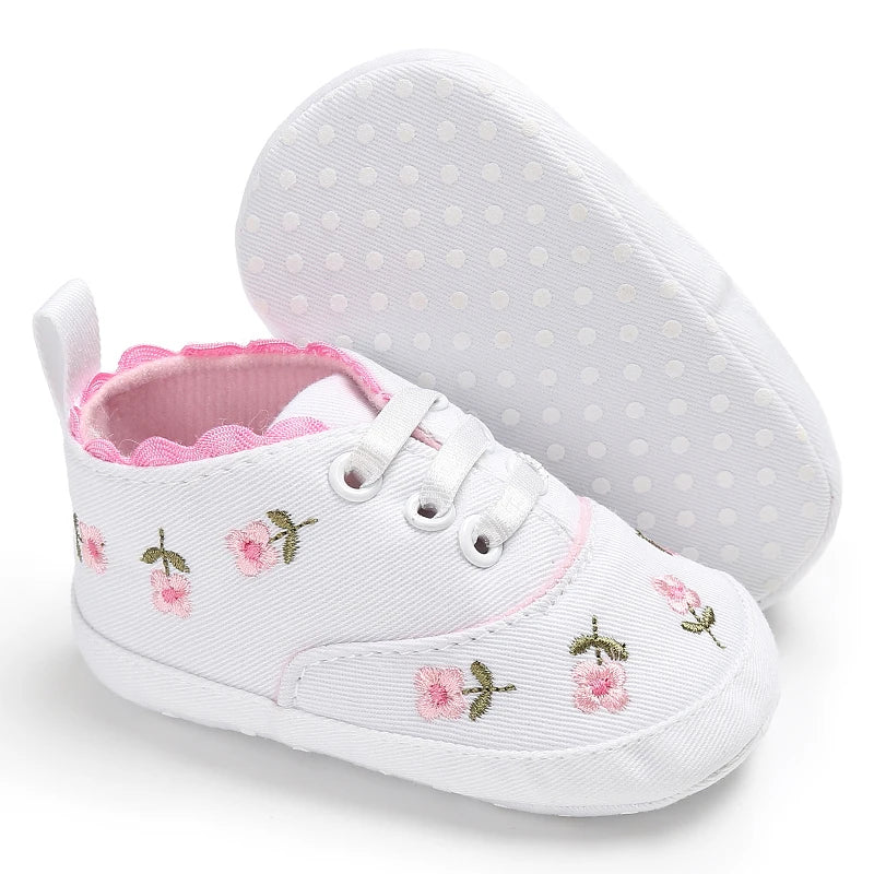 Baby Shoes Infant Pre-Walker Shoes, Floral Embroidery/ Bow Princess Sneakers, Soft Sole Casual Footwear for Baby Girls0-18M